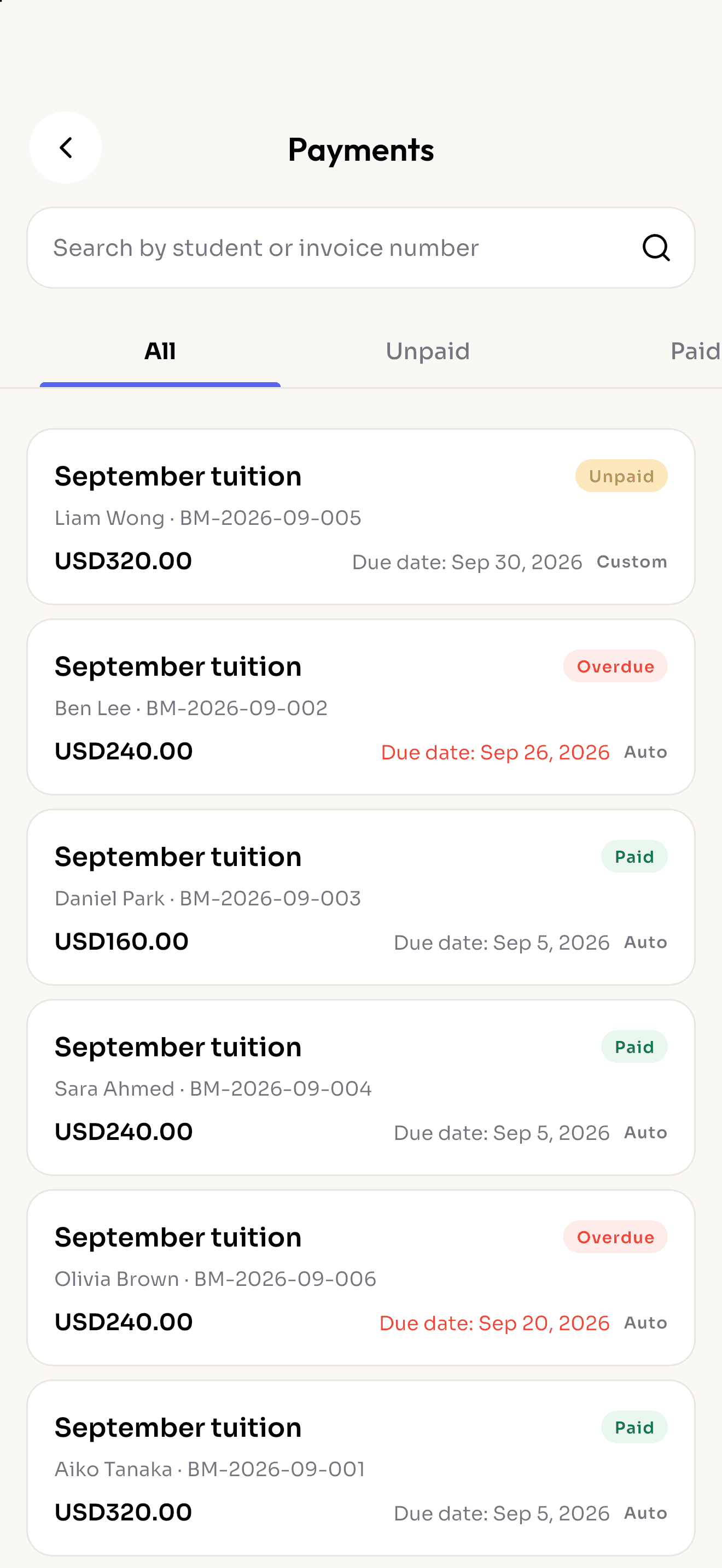 Payments screen listing unpaid, overdue and paid invoices