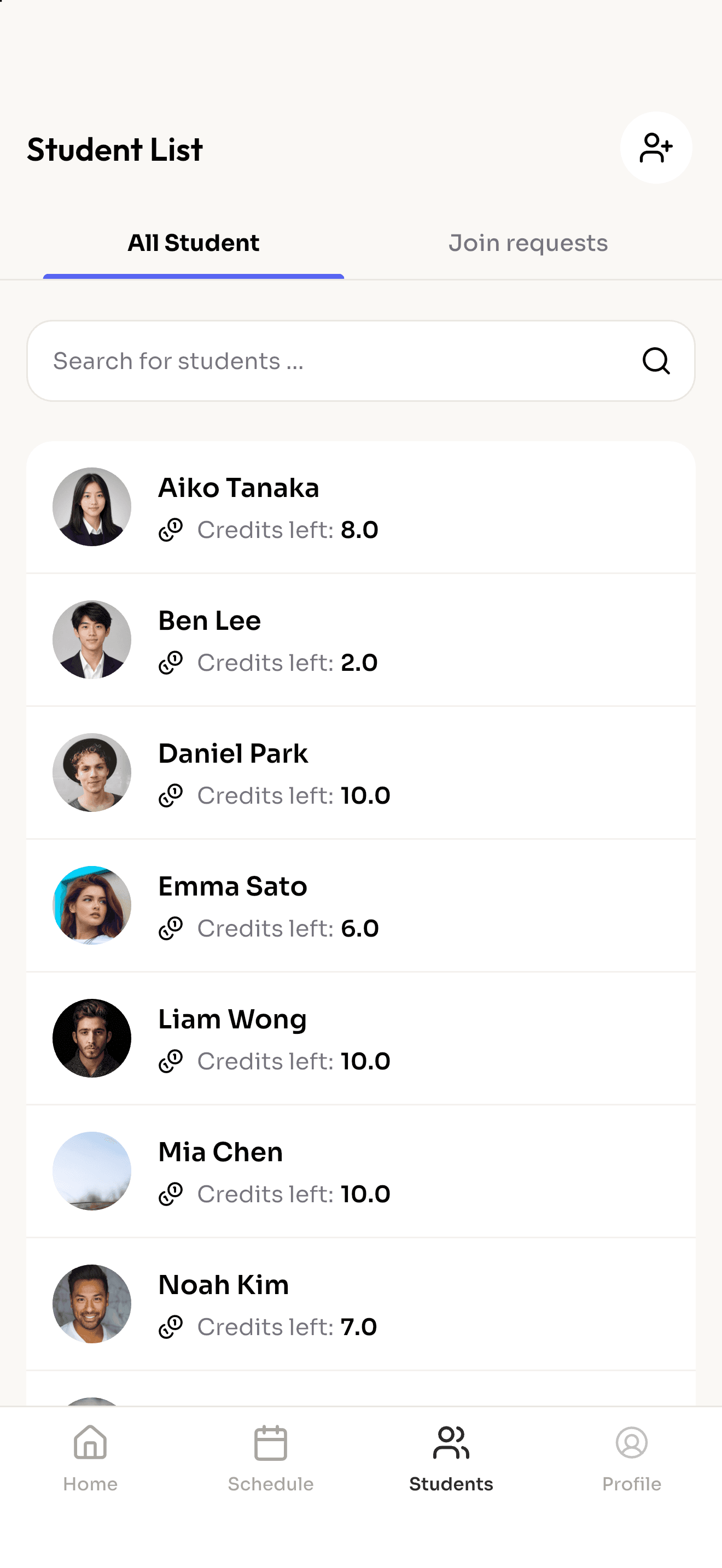 Student list with each student's remaining session credits